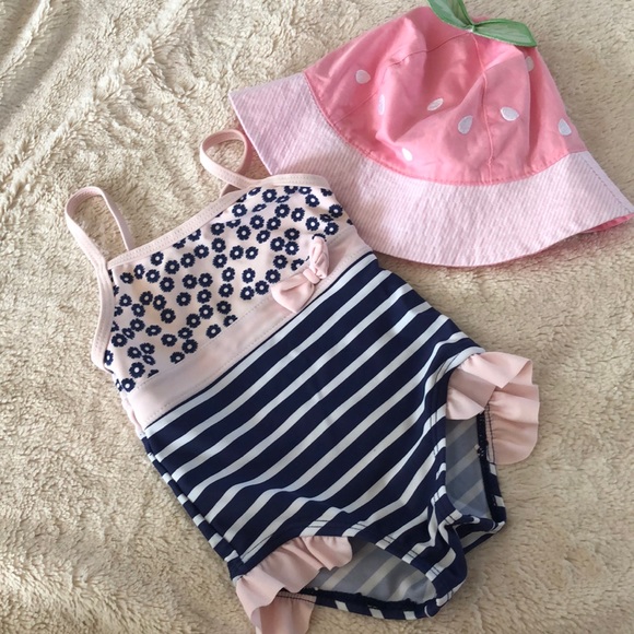 baby bathing suit and hat